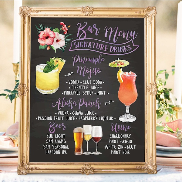 Digital Printable Wedding Bar Menu Sign, His and Hers Signature Drinks Cocktails Signs, Watercolor Chalkboard Christmas New Year IDM46