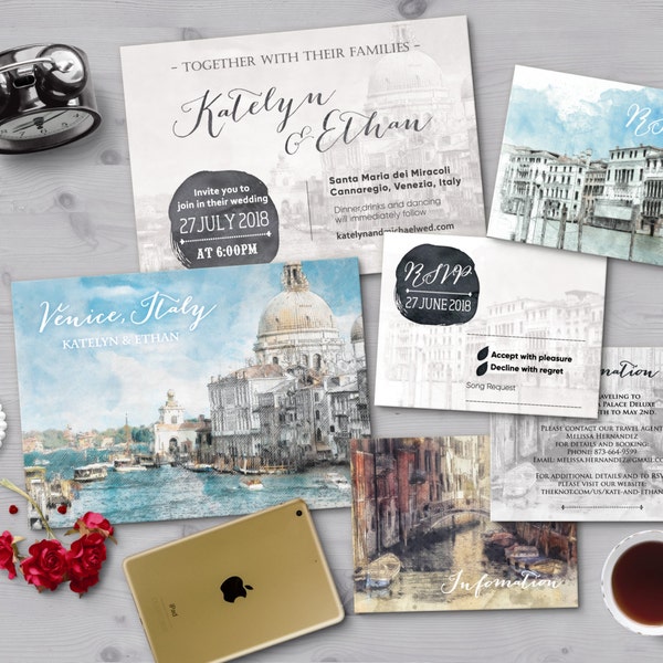 Fichiers numériques imprimables Destination Mariage Italie Venise Aquarelle Peinture Invitation de mariage Carte-réponse Set Papeterie de mariage ID656