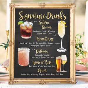 Digital Printable Wedding Bar Menu Sign, His and Hers Signature Drinks Cocktails Signs, Watercolor Beach Christmas New Year Chalkboard IDM25 image 1