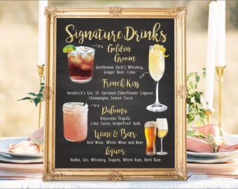 Digital Printable Wedding Bar Menu Sign, His and Hers Signature Drinks Cocktails Signs, Watercolor Beach Christmas New Year Chalkboard IDM25