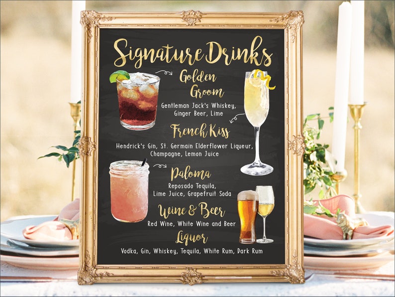 Digital Printable Wedding Bar Menu Sign, His and Hers Signature Drinks Cocktails Signs, Watercolor Beach Christmas New Year Chalkboard IDM25 image 1