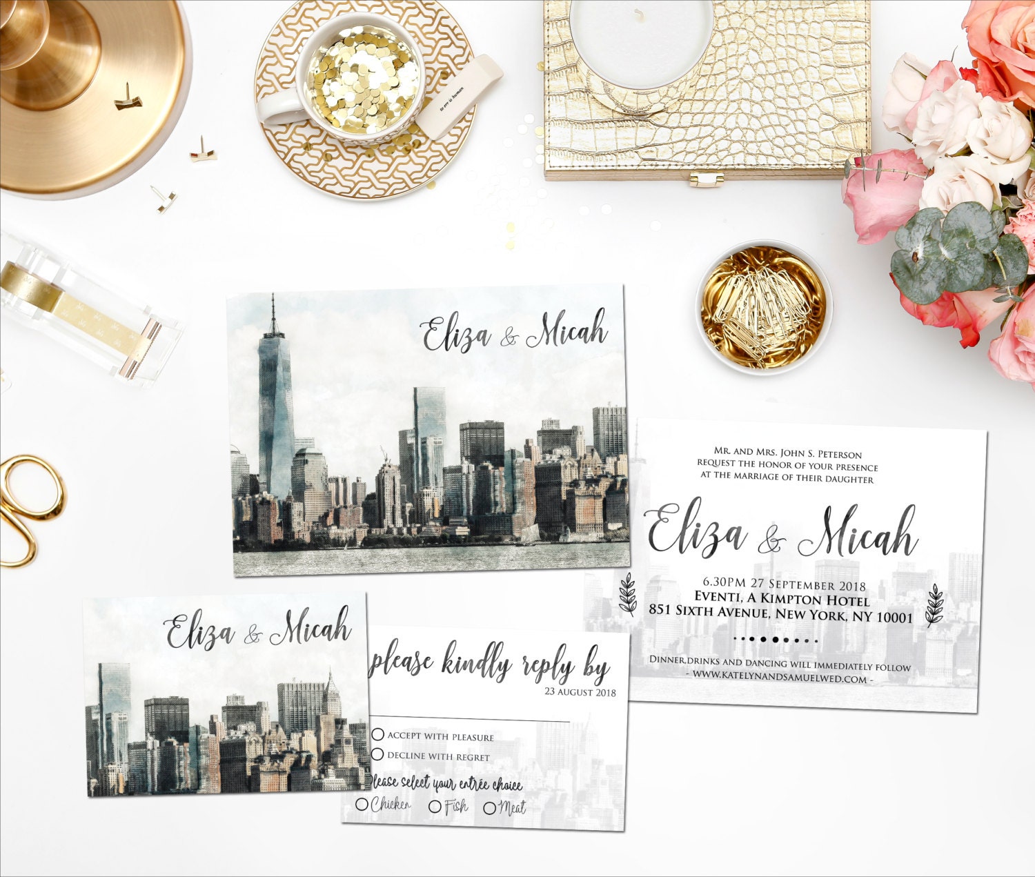 Digital Printable Files - Double-sided NEW YORK CITY Save the date Skyline Watercolor Wedding Invitation rsvp Set ID744