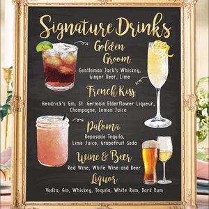 Digital Printable Wedding Bar Menu Sign, His and Hers Signature Drinks Cocktails Signs, Watercolor Beach Christmas New Year Chalkboard IDM25 image 2