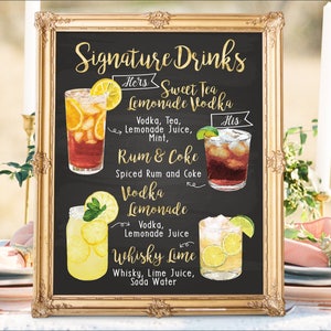 Digital Printable Wedding Bar Menu Sign, His and Hers Signature Drinks Cocktails Signs, Watercolor Beach Christmas New Year Chalkboard IDM27