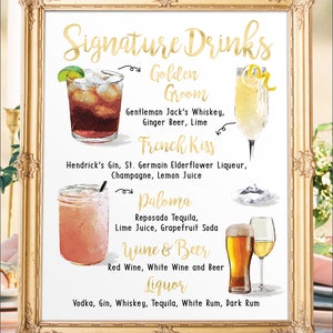 Digital Printable Wedding Bar Menu Sign, His and Hers Signature Drinks Cocktails Signs, Watercolor Beach Christmas New Year Chalkboard IDM25 image 4