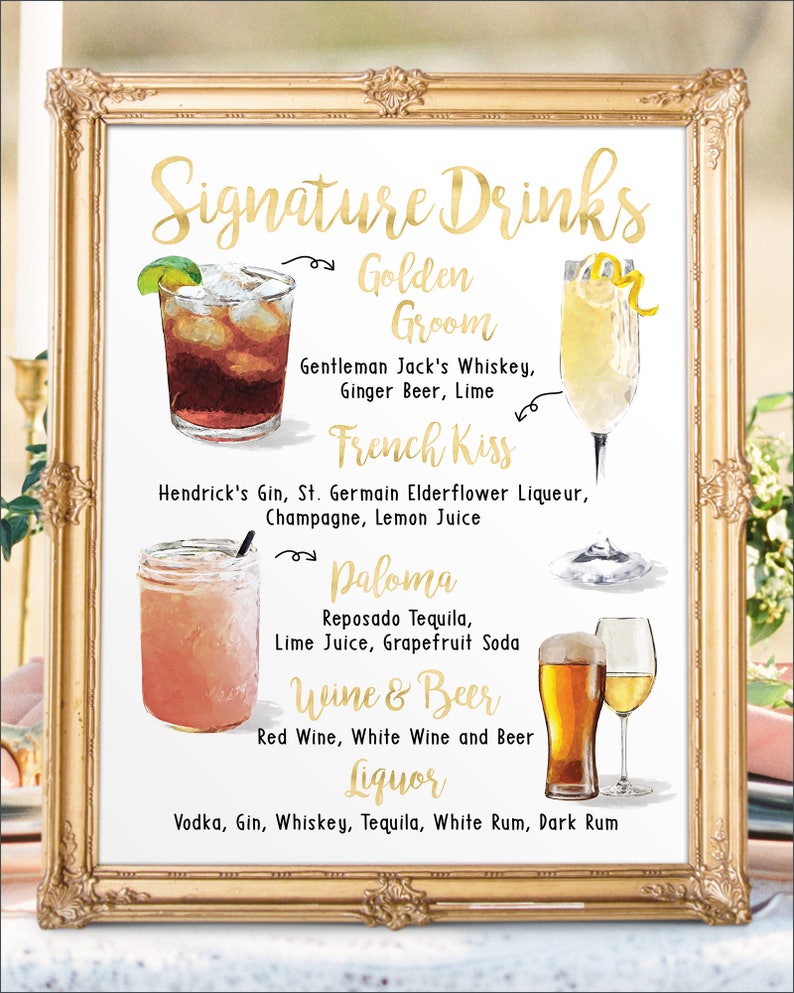 Digital Printable Wedding Bar Menu Sign, His and Hers Signature Drinks Cocktails Signs, Watercolor Beach Christmas New Year Chalkboard IDM25 image 4