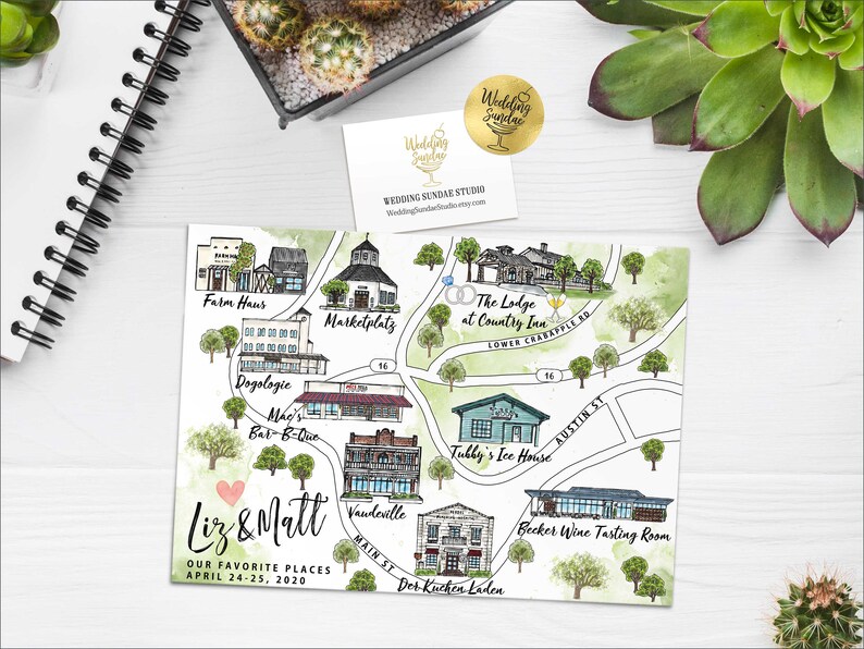 Custom Watercolor Wedding Map, Auburn Alabama Personalized Hand Drawn Wedding Map for Welcome Bag, Save the Date, Itinerary image 5