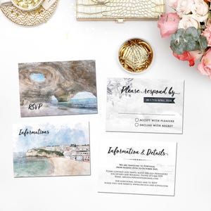 May include: A watercolor invitation card with a scenic image of a rocky coastline and a blue sky. The card includes the text "RSVP" and "Informations". The back of the card has a response section with the text "Please respond by" and a date. The card also includes information about a trip to Portugal.