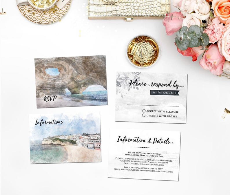 May include: A watercolor invitation card with a scenic image of a rocky coastline and a blue sky. The card includes the text "RSVP" and "Informations". The back of the card has a response section with the text "Please respond by" and a date. The card also includes information about a trip to Portugal.