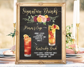 Digital Printable Wedding Bar Menu Sign, His and Hers Signature Drinks Cocktails Signs, Watercolor Chalkboard Christmas New Year IDM42