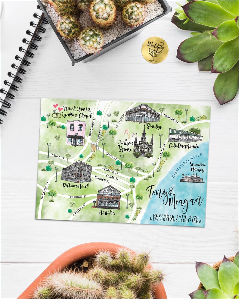 Custom Watercolor Wedding Map, Auburn Alabama Personalized Hand Drawn Wedding Map for Welcome Bag, Save the Date, Itinerary image 7