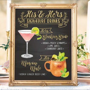 Panneau de menu numérique imprimable mariage bar, signature pour elle et lui, boissons cocktails signes, tableau aquarelle Noël nouvel an IDM36
