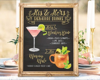 Digital Printable Wedding Bar Menu Sign, His and Hers Signature Drinks Cocktails Signs, Watercolor Chalkboard Christmas New Year IDM36