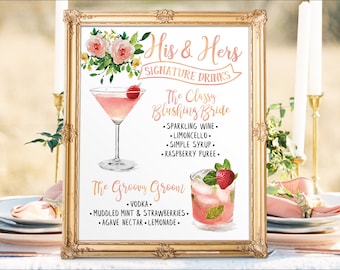 Digital Printable Wedding Bar Menu Sign, His and Hers Signature Drinks Cocktails Signs, Watercolor Chalkboard Christmas New Year IDM29