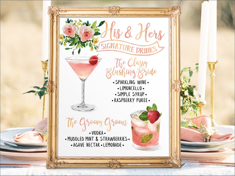 Digital Printable Wedding Bar Menu Sign, His and Hers Signature Drinks Cocktails Signs, Watercolor Chalkboard Christmas New Year IDM29 