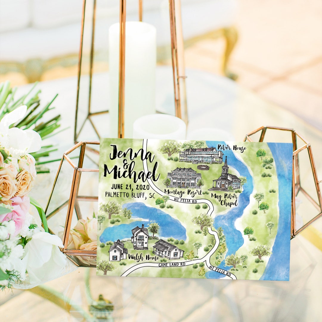 6-7 Locations Custom Watercolor Wedding Map, Personalized Hand Drawn ...