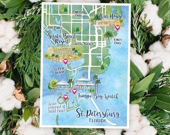 Watercolor Wedding Map ST. PETERSBURG FLORIDA Custom Wedding Map Custom Illustration Wedding Watercolor Map Home Town Vacation Church Hotel