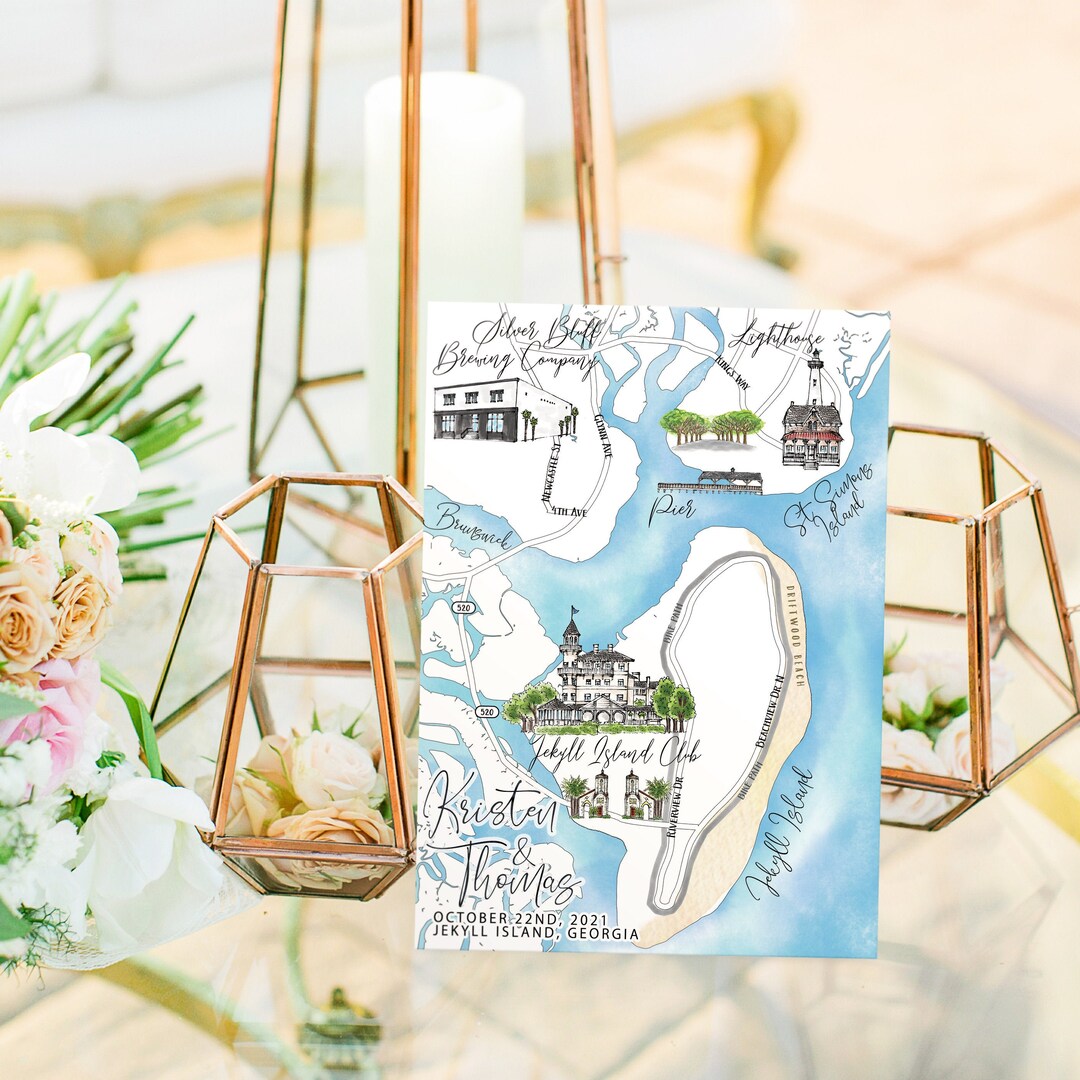 4-5 Locations Custom Watercolor Wedding Map, Personalized Hand Drawn ...