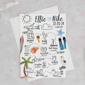 May include: A hand-drawn itinerary for a wedding in Cancun, Mexico. The itinerary includes a list of activities for the wedding weekend, including a welcome party, boat cruise, beach day, ceremony, reception, and brunch. The itinerary is decorated with illustrations of a plane, suitcase, surfboard, seashells, cocktails, and a seagull.