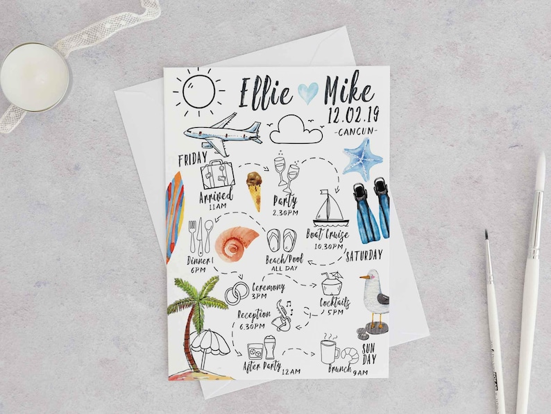 May include: A hand-drawn itinerary for a wedding in Cancun, Mexico. The itinerary includes a list of activities for the wedding weekend, including a welcome party, boat cruise, beach day, ceremony, reception, and brunch. The itinerary is decorated with illustrations of a plane, suitcase, surfboard, seashells, cocktails, and a seagull.