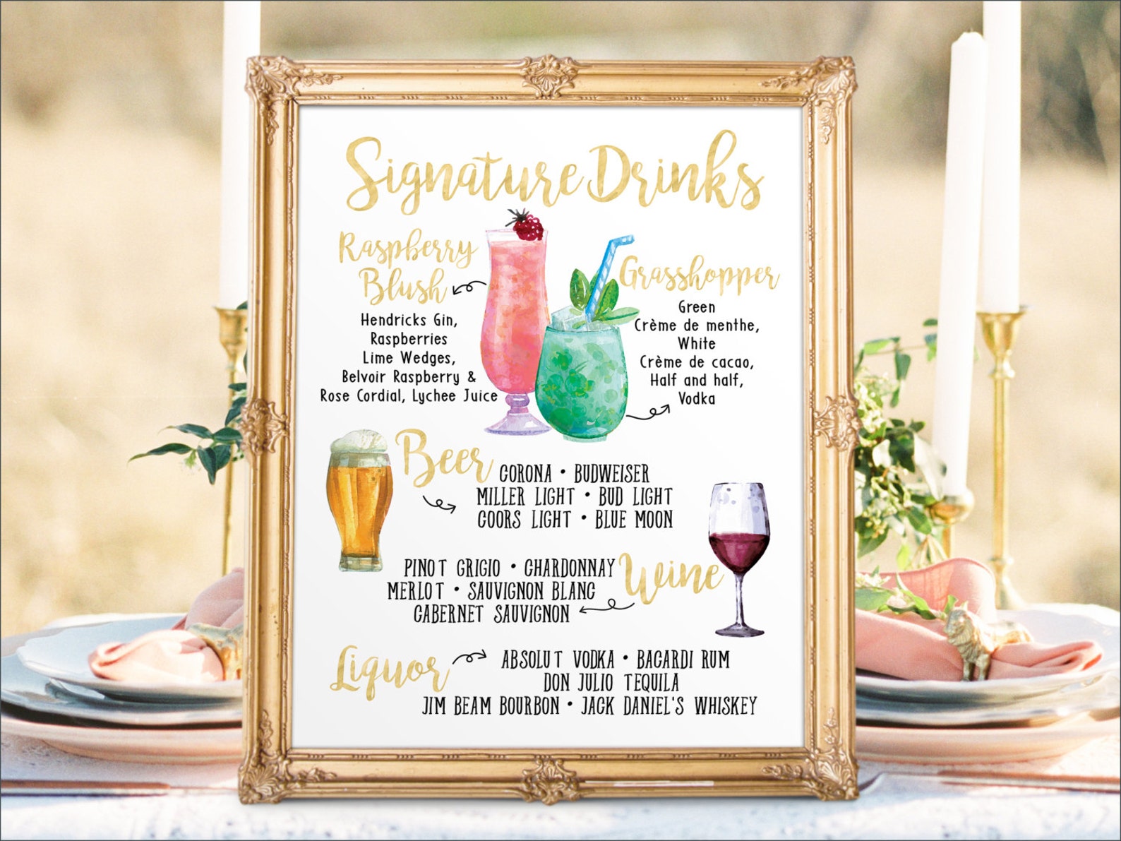 Digital Printable Wedding Bar Menu Sign Watercolor Wedding - Etsy