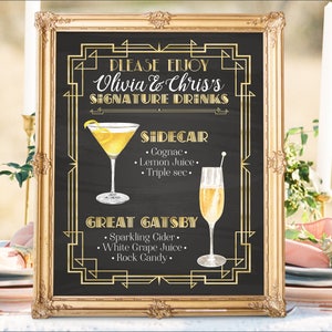 "Digital druckbares Great Gatsby Hochzeit Bar Menü-Zeichen, seine und ihre Unterschrift Getränke Cocktails Aquarell Tafel Weihnachten Neujahr IDM33."