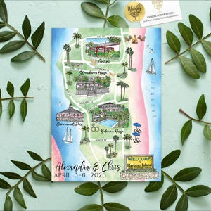 6-7 Orte kundenspezifische Aquarell Hochzeitskarte, handgezeichnete Hafeninsel Bahamas Karte für Willkommenstasche, Speichern Sie das Datum, Reiseplan