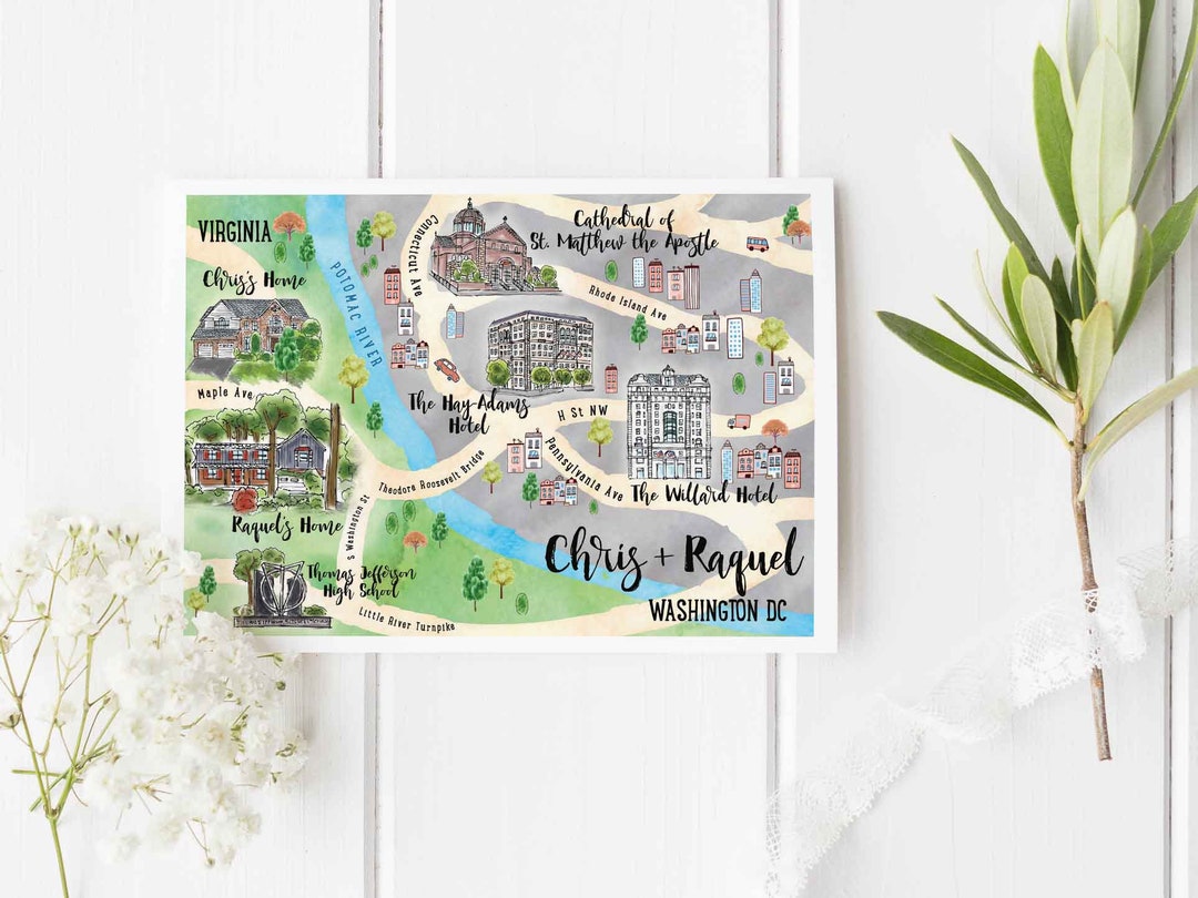 Custom Watercolor Wedding Map, Personalized Hand Drawn Wedding Map for ...