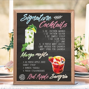 Enseigne de menu de mariage imprimable numérique, menu de bar de mariage aquarelle, bar à cocktails de mariage, tableau noir des boissons du nouvel an IDMC6