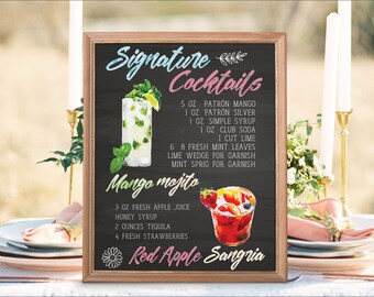 Digital Printable Wedding Menu Sign, Watercolor Wedding Bar Menu, Wedding Cocktails Bar Signature Drinks Chalkboard Christmas New Year IDMC6