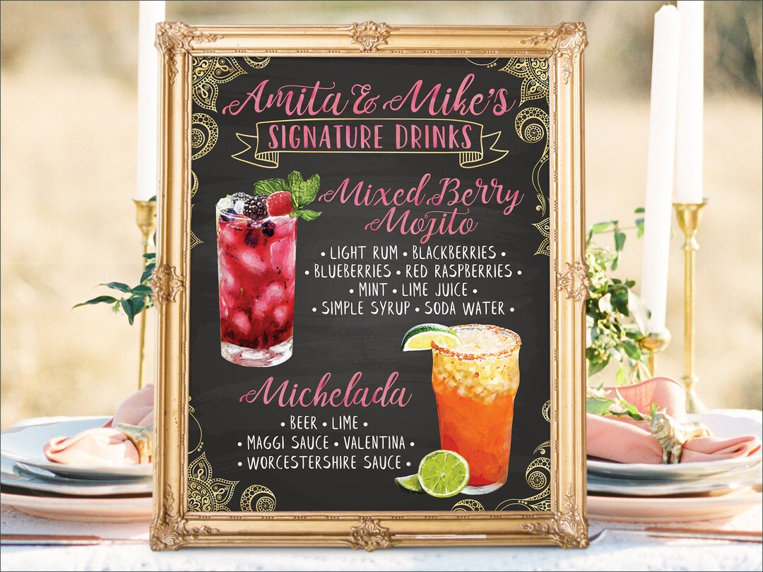 Digital Printable Wedding Bar Menu Sign, Botanical Signature Drinks ...