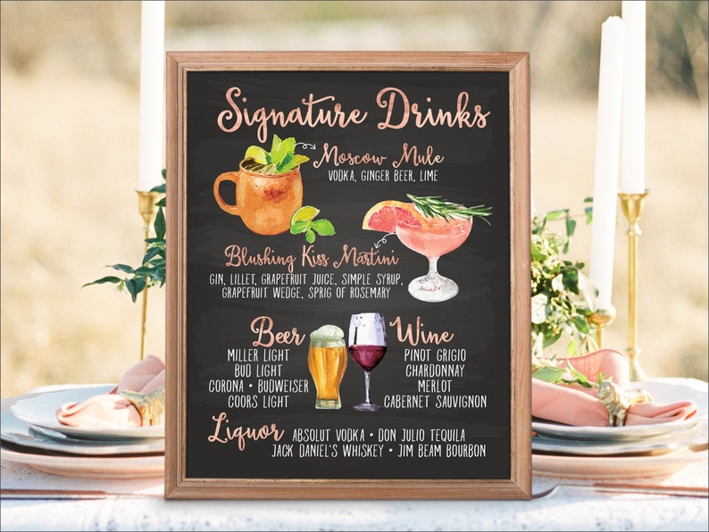 Digital Printable Wedding Signature Drinks Sign, Bar Menu Sign, Watercolor Wedding Sign Wedding Cocktails Christmas New Year Chalkboard IDM5 