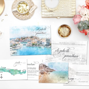 Digitale afdrukbare uitnodigingen bestemming bruiloft strand KRETA GRIEKENLAND aquarel bruiloft uitnodiging set save the date kaart info kaart ID759