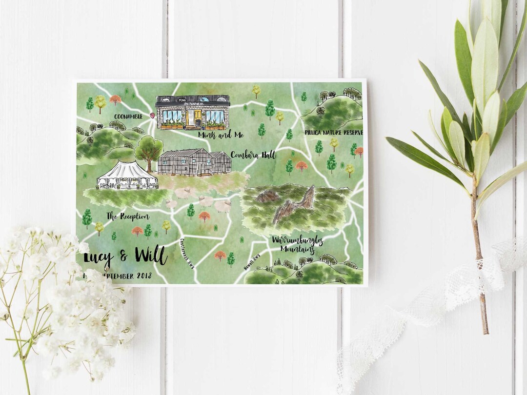 Custom Watercolor Wedding Map, Personalized Hand Drawn Wedding Map for ...