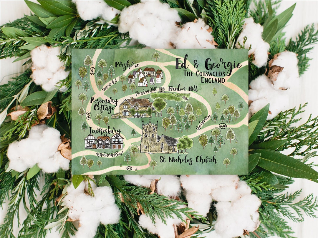 Custom Watercolor Wedding Map, Personalized Hand Drawn Wedding Map for ...