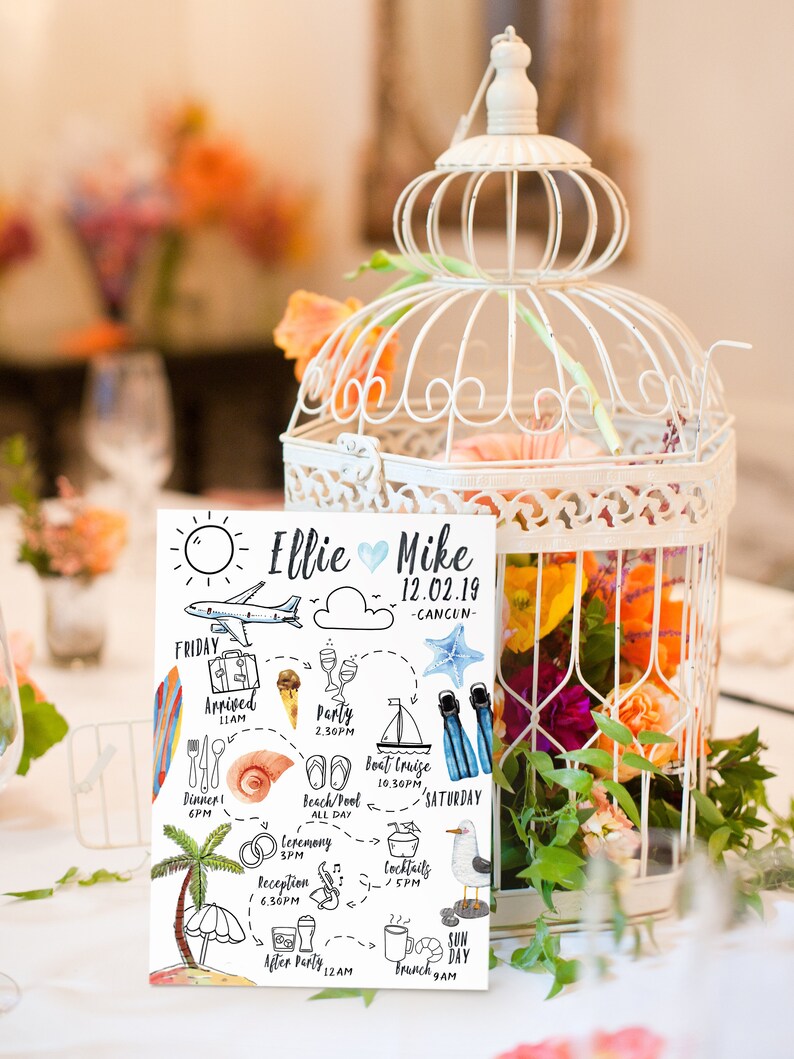 May include: A white card with a hand-drawn illustration of a wedding itinerary for Ellie and Mike. The itinerary includes activities like a boat cruise, beach time, and a reception. The card is set against a white birdcage with orange flowers.