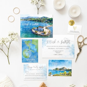 Digitale afdrukbare uitnodigingen voor bestemmingsbruiloft in KORFU, GRIEKENLAND, aquarel schilderij Lake Wedding ID949