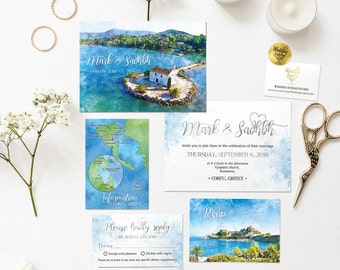 Digital Printable Invitations for Destination Wedding in CORFU GREECE Watercolor Painting Lake Wedding ID949