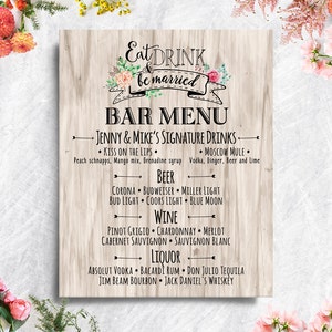 Menu di nozze stampabile digitale, menu bar per matrimoni Boho, tabellone menu, carte menu, bevande esclusive Matrimonio Boho Natale Capodanno IDM01