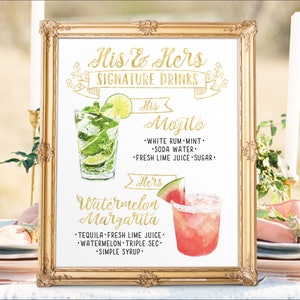 Panneau de menu de bar de mariage imprimable numérique, ses boissons signature et elle, panneaux de cocktails, tableau de boissons à l'aquarelle, tableau de Noël, nouvel an, IDM16