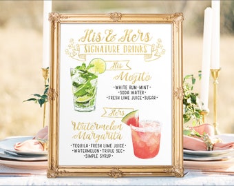 Digital Printable Wedding Bar Menu Sign, His and Hers Signature Drinks Cocktails Signs Watercolor Drinks Chalkboard Christmas New Year IDM16