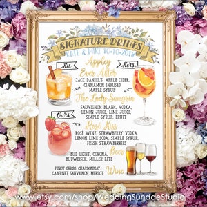 Panneau de menu numérique imprimable mariage bar, signature pour elle et lui, boissons cocktails aquarelle tableau fête Noël nouvel an IDM51