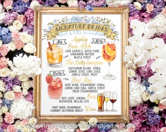 Watercolor Wedding Bar Menu Sign: Signature Drinks (Digital Printable)