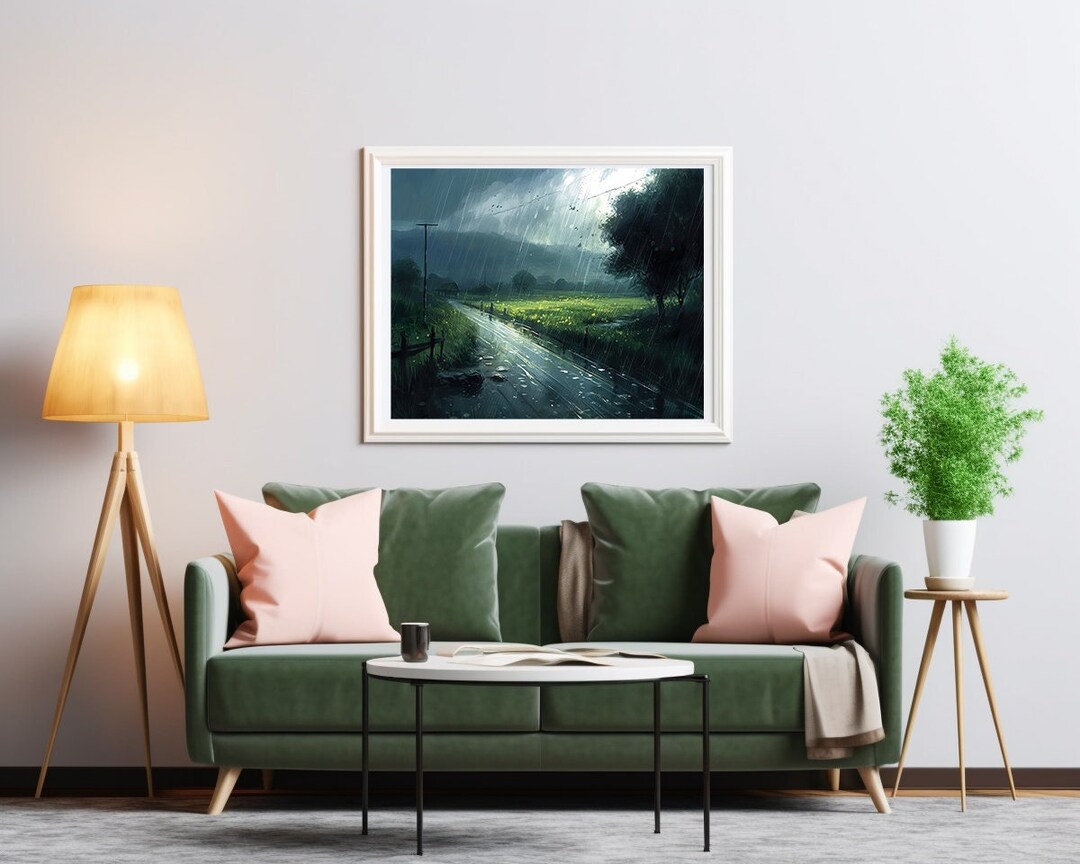 Original Digital Watercolor Painting of Rainfall in Countryside, Wall