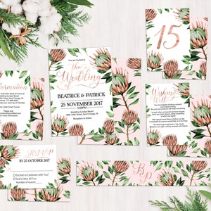 Digitale druckbare Dateien - Bunte Aquarell Protea Sugarbushes Botanische HochzeitSeinladung Set Hochzeit Briefpapier - ID910