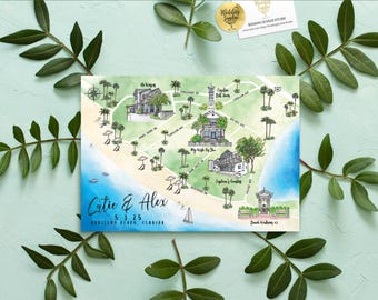 Mapa de boda personalizado en acuarela: Playa Carillon, 4-5 ubicaciones (archivo digital)