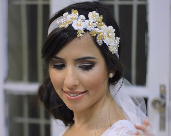 Boho tulle veil headband bandeau with 3D embroidered flowers