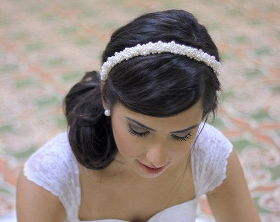 Wedding pearls embroidered tiara diadem headband