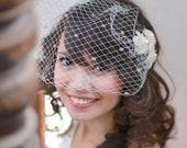Polka dot birdcage veil, Ivory dotted veil, Birdcage veil with flower pins, Bandeau birdcage veil, Bridal point d 39 esprit birdcage veil