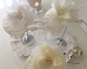 Ready to ship - Rustic white fascinator mini hat with birdcage veil, silk flowers and feathers for brides and special occasions Hatinator